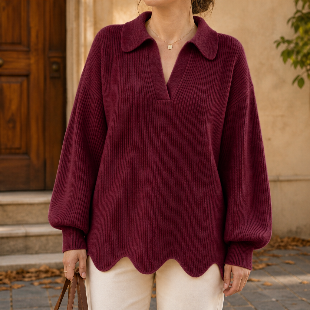 Larkspire โ Scalloped Hem V-Neck Puff Sleeve Sweater + 50% OFF Burgundy