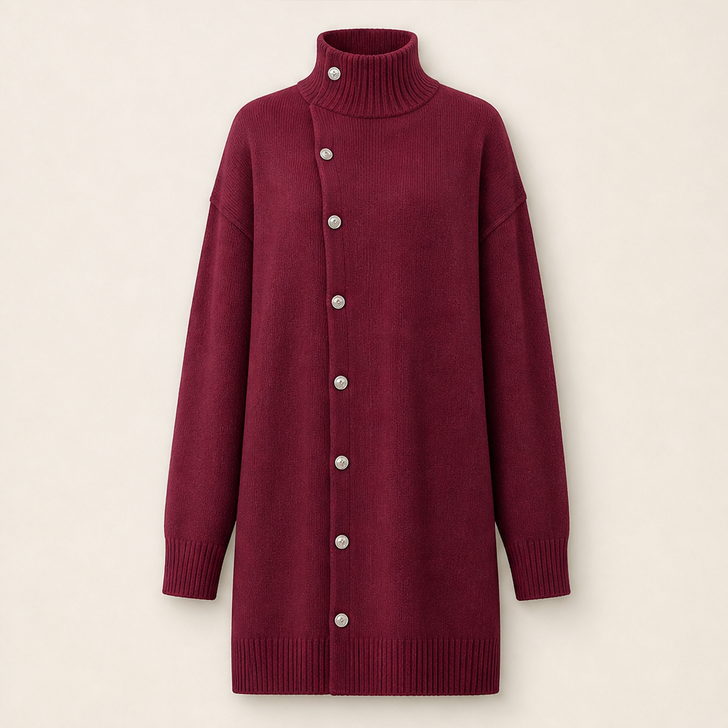 Millbron โ Oversized Turtleneck Cardigan with Asymmetrical Buttons + 50% OFF Burgundy