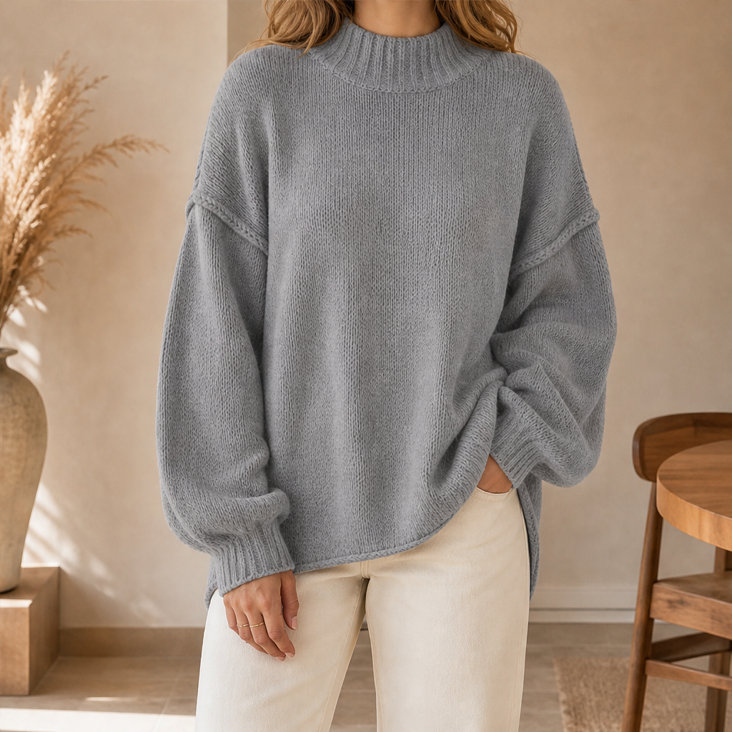 Haveline โ Oversized Soft Knit Half-High Collar Sweater + 50% OFF Grey