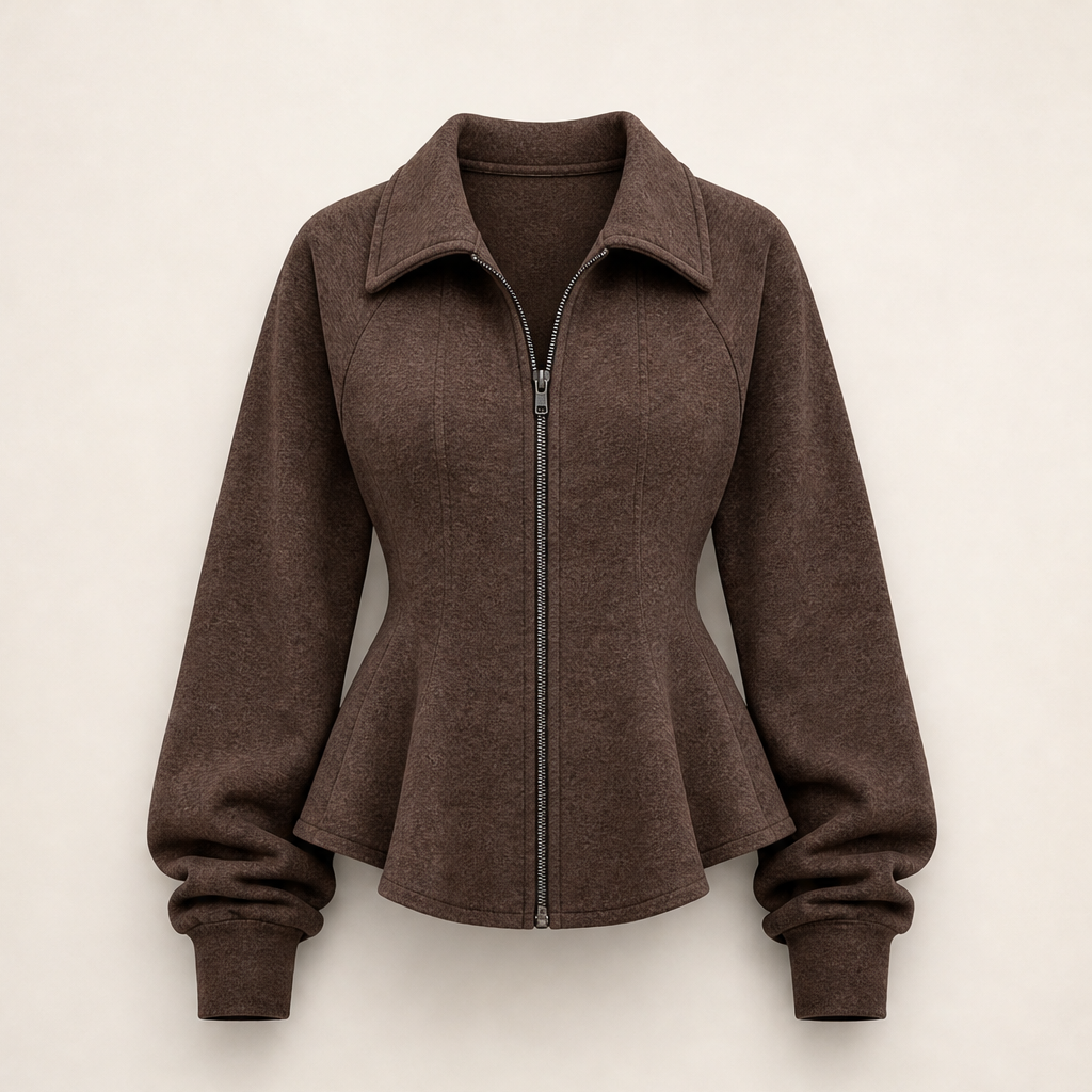 Waistelle โ Corset-Seam Peplum Zip-Up Jacket with Puff Sleeves + 50% OFF Brown