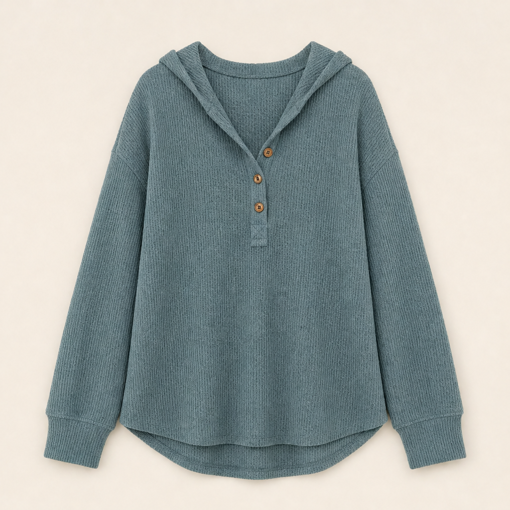 Warmholm โ Waffle Knit Henley Hoodie Top + 50% OFF Teal