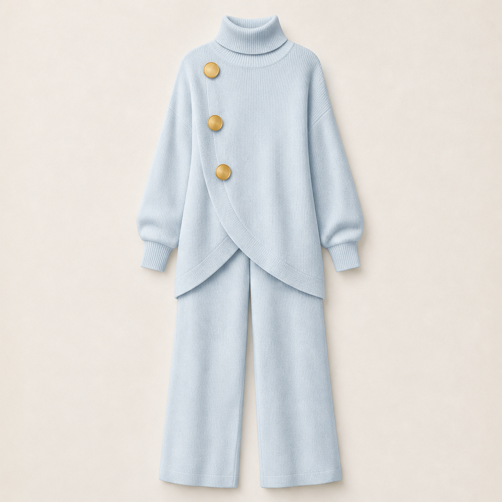 Faylence โ Wrap-Front Turtleneck & Wide-Leg Knit Set + 50% OFF Light Blue