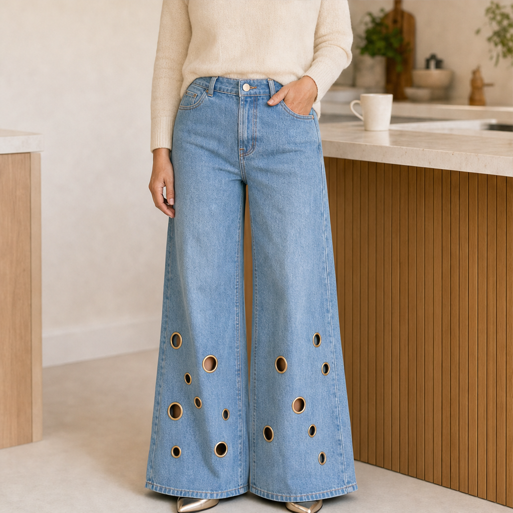 Marlowick โ Vintage Wide-Leg Jeans with Gold Eyelet Detail + 50% OFF Light Blue