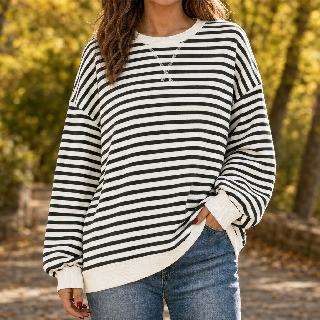 Cozelle โ Striped Lantern-Sleeve Oversized Pullover Sweatshirt + 50% OFF Olive/White Stripe
