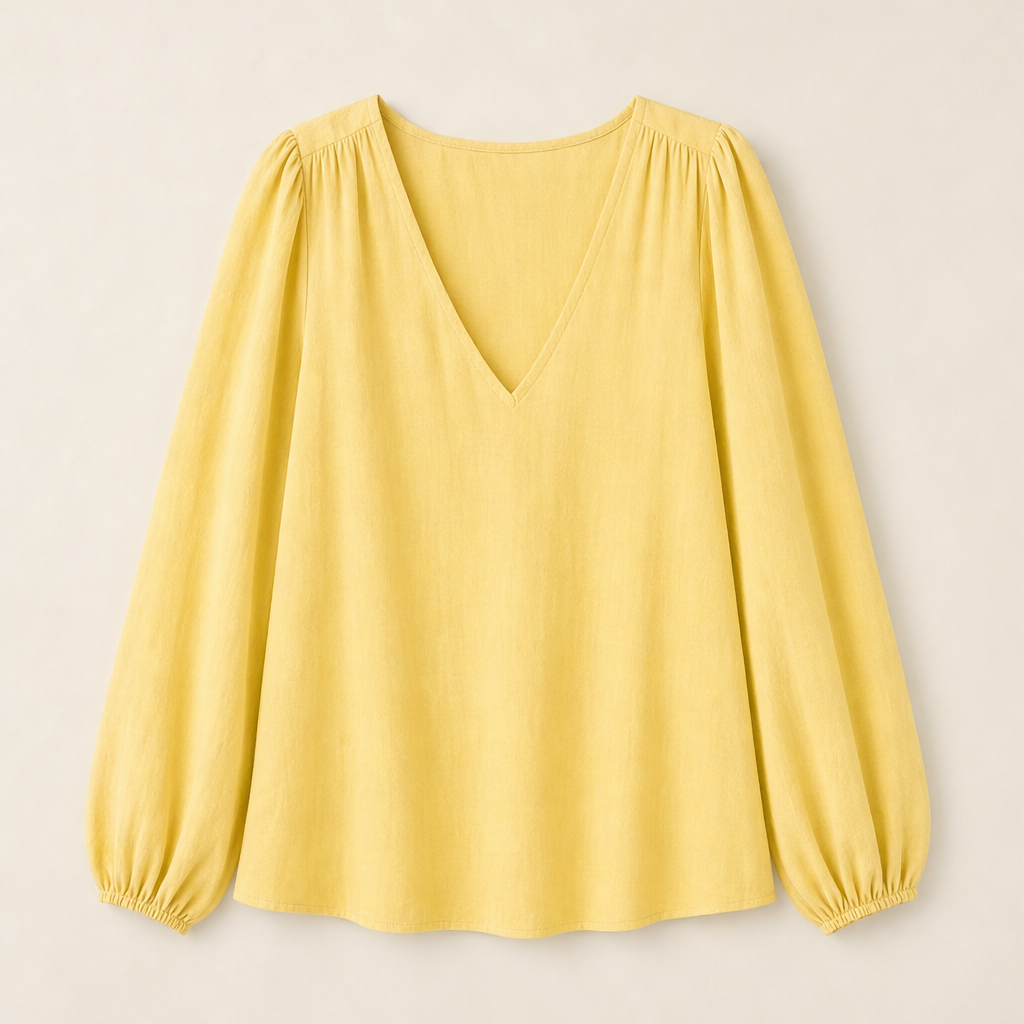 Paisleigh โ V-Neck Puff Sleeve Printed Loose Top + 50% OFF Yellow