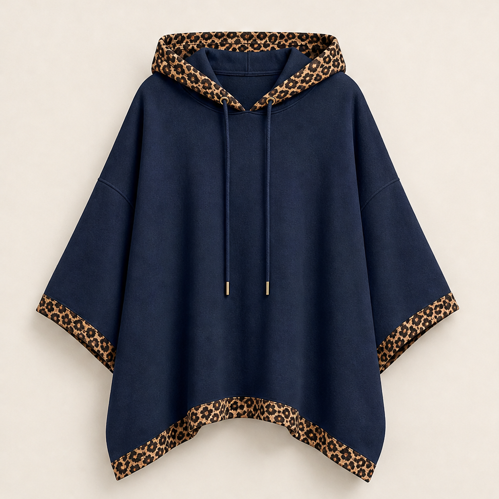 Wildmere โ Leopard Trim Oversized Poncho Hoodie + 50% OFF Navy