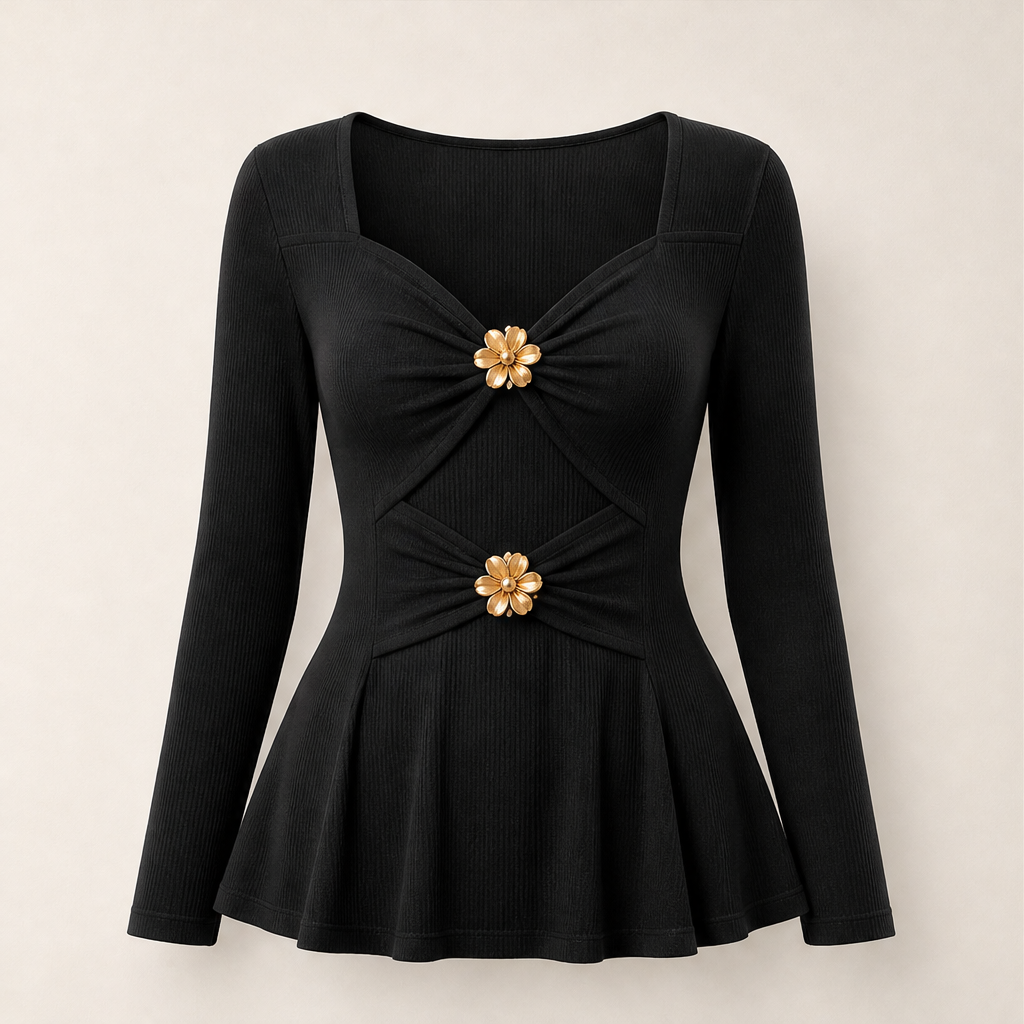 Fleurmont โ V-Neck Peplum Top with Metallic Flower Accents + 50% OFF Black