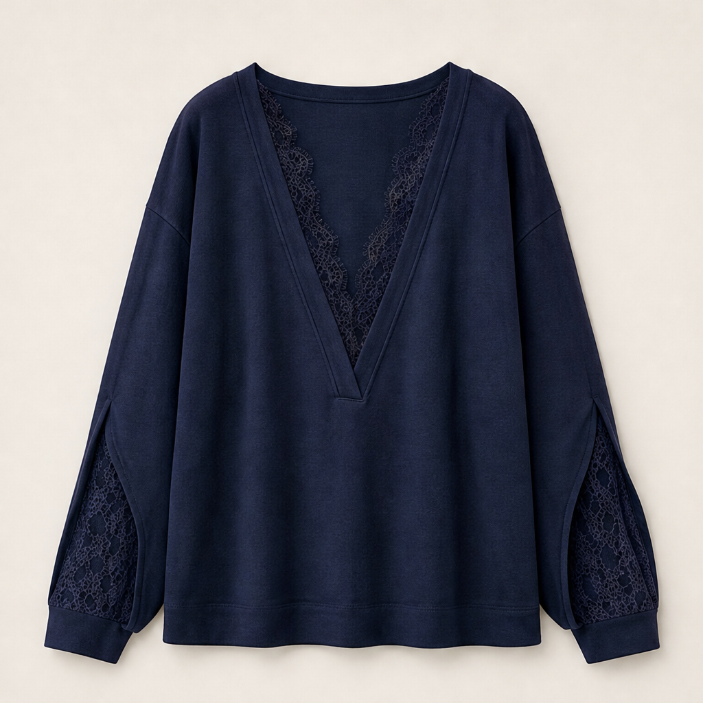 Laceloft โ Deep V-Neck Lace Patchwork Loose Pullover Top + 50% OFF Navy
