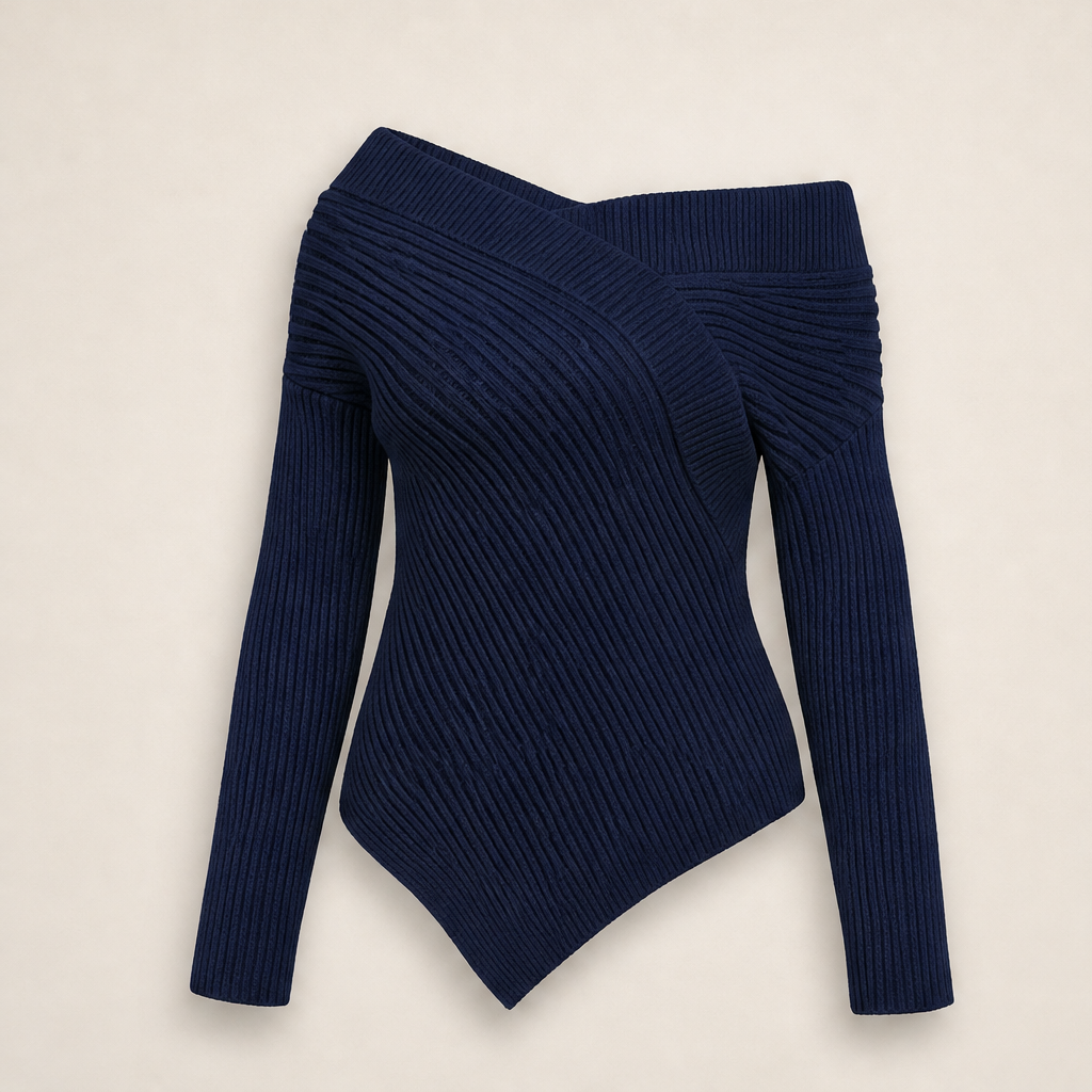 Sable & Rue โ Off-Shoulder Asymmetrical Ribbed Knit Sweater + 50% OFF Navy
