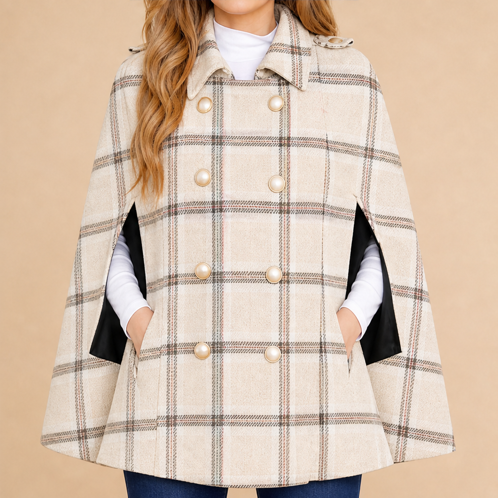 Camryn Hale โ Plaid Statement-Button Cape Coat + 50% OFF Beige
