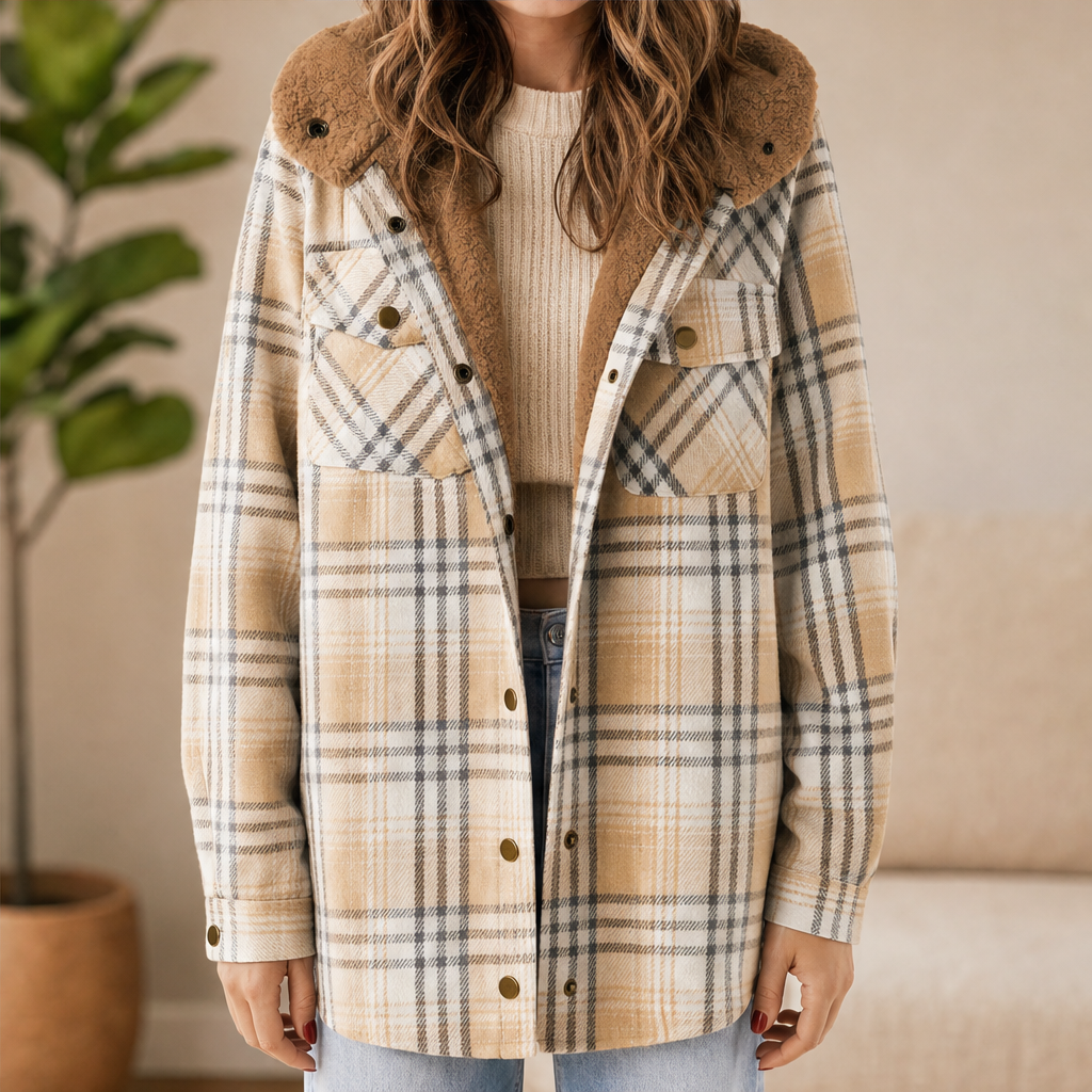 Wrenfield โ Sherpa-Hood Thickened Flannel Plaid Shirt Jacket + 50% OFF Beige Plaid