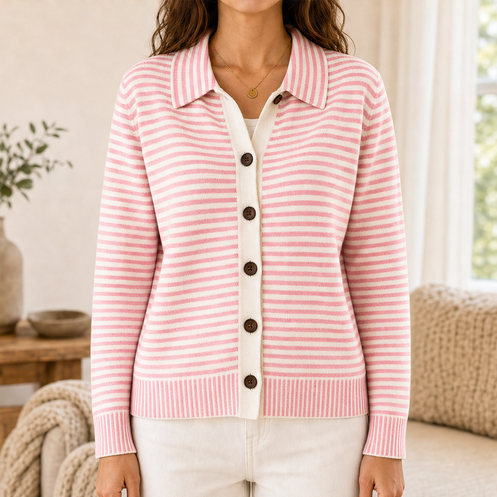 Willowknit โ Cozy Striped Knit Collar Cardigan + 50% OFF Pink