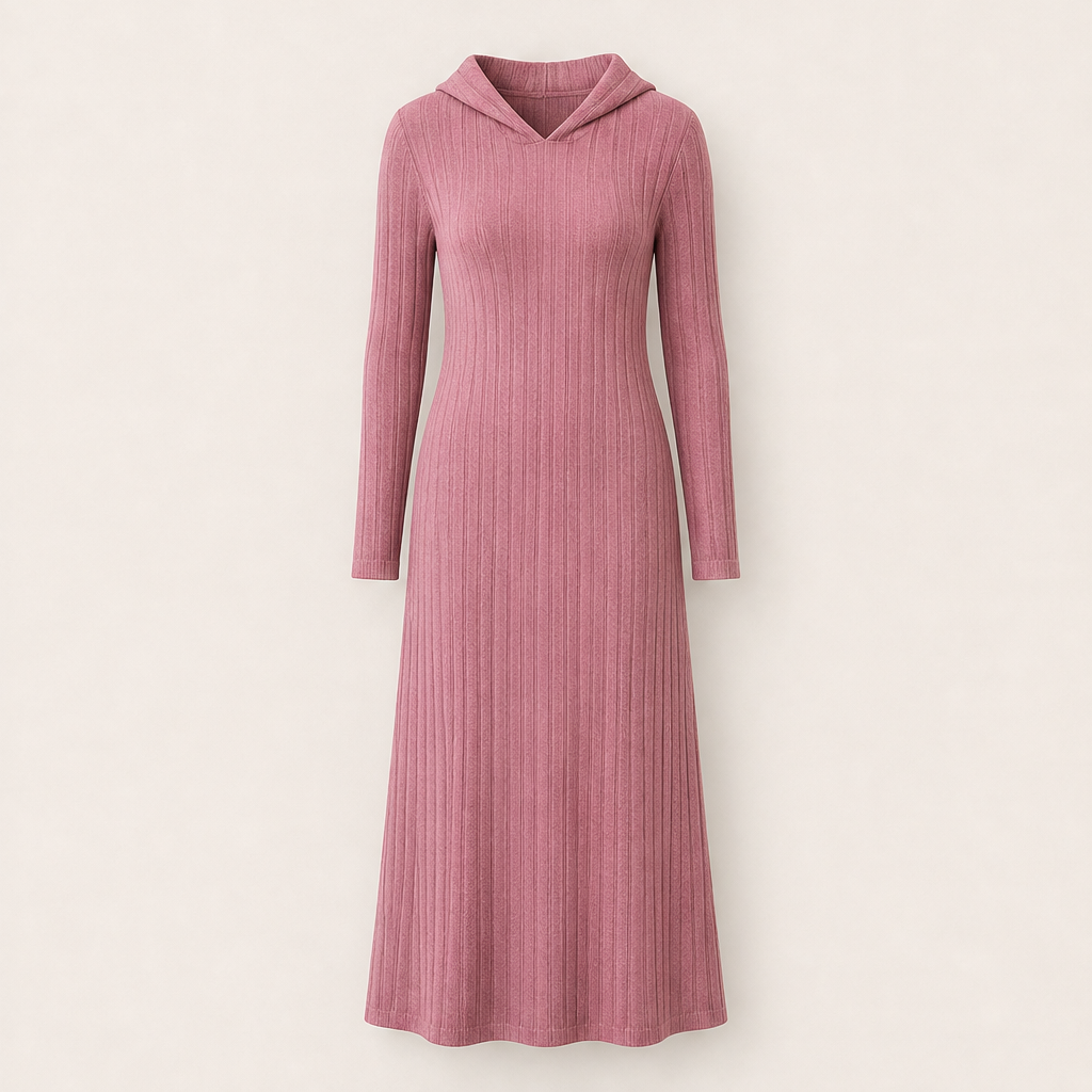 Ashwool โ Ribbed-Knit Hooded Maxi Dress + 50% OFF Pink