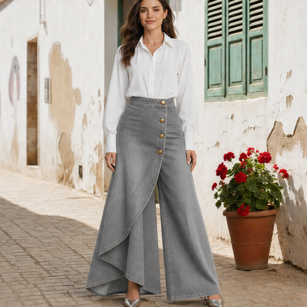 Marlowick โ Asymmetrical Wrap-Front High-Waist Wide-Leg Jeans + 50% OFF Grey