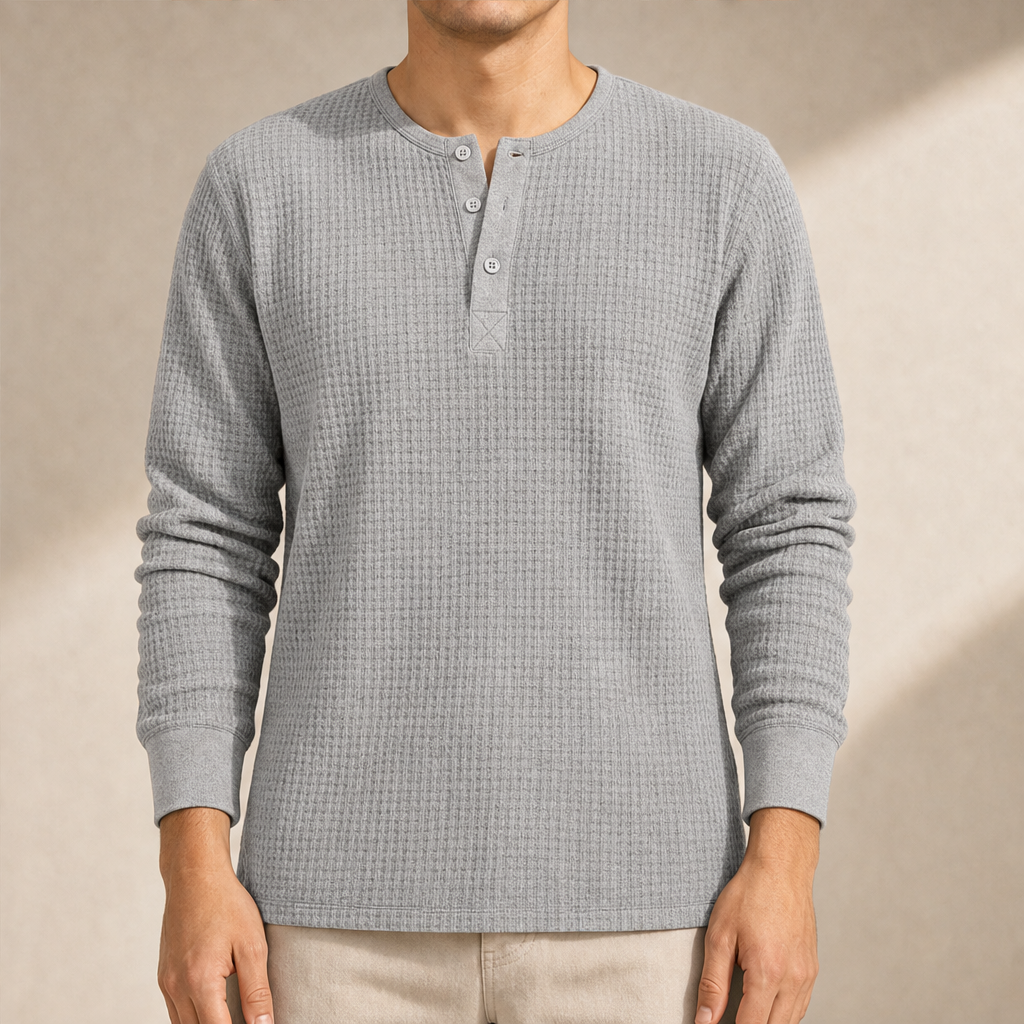 Ashcroft Mill โ Waffle Knit Long Sleeve Henley Shirt + 50% OFF Heather Grey