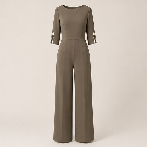 Pearlaine โ Beaded Sleeve Wide-Leg Slim Jumpsuit Taupe