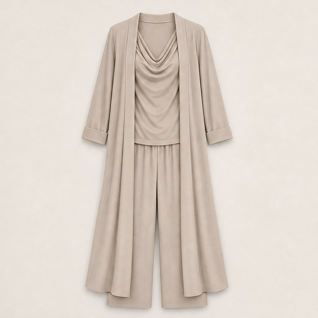 Cowlden โ Draped Cowl Top, Wide-Leg Pants & Long Cardigan 3-Piece Set + 50% OFF Beige