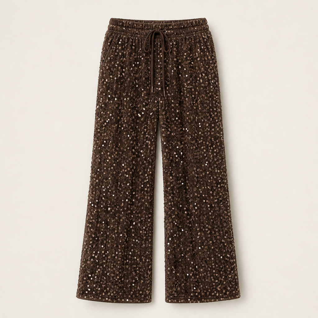 Velvara โ Velvet-Backed Sequin Wide-Leg Trousers + 50% OFF Brown