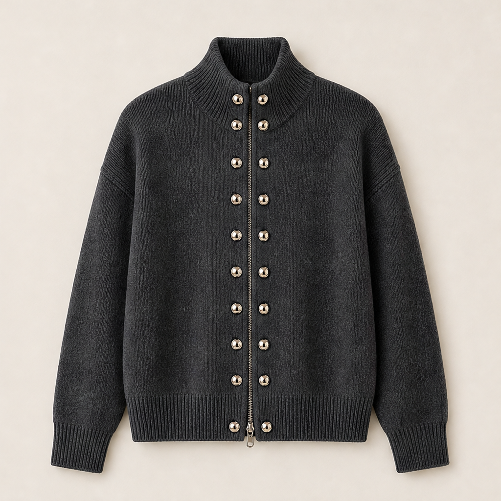 Marchelle โ Standing Collar Double-Breasted Knit Cardigan + 50% OFF Charcoal Grey