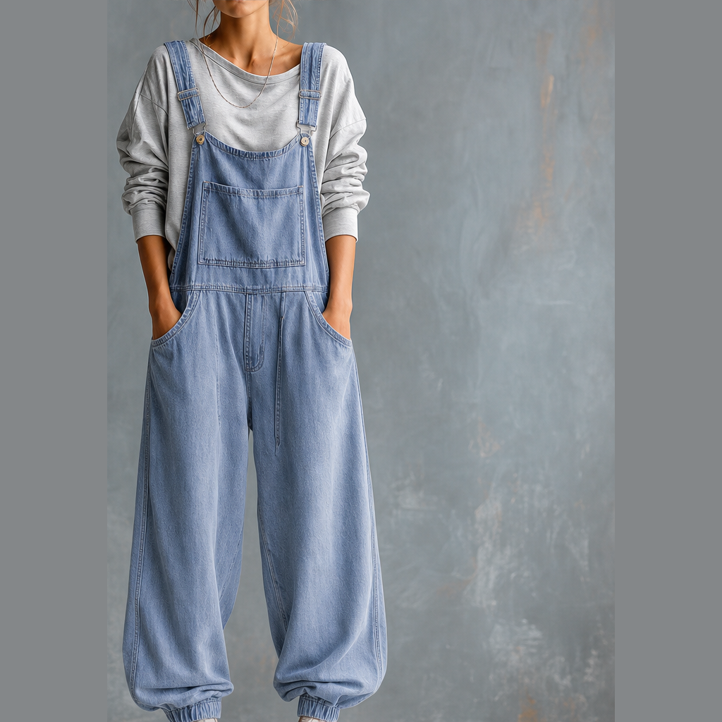 Wanderloom โ Oversized Adjustable-Strap Washed Denim Overalls + 50% OFF Light Blue