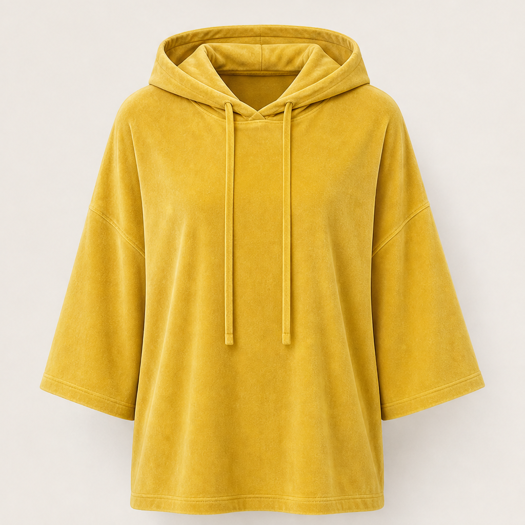 Plushwick โ Oversized Velour Drawstring Hoodie with 3/4 Sleeves + 50% OFF Yellow