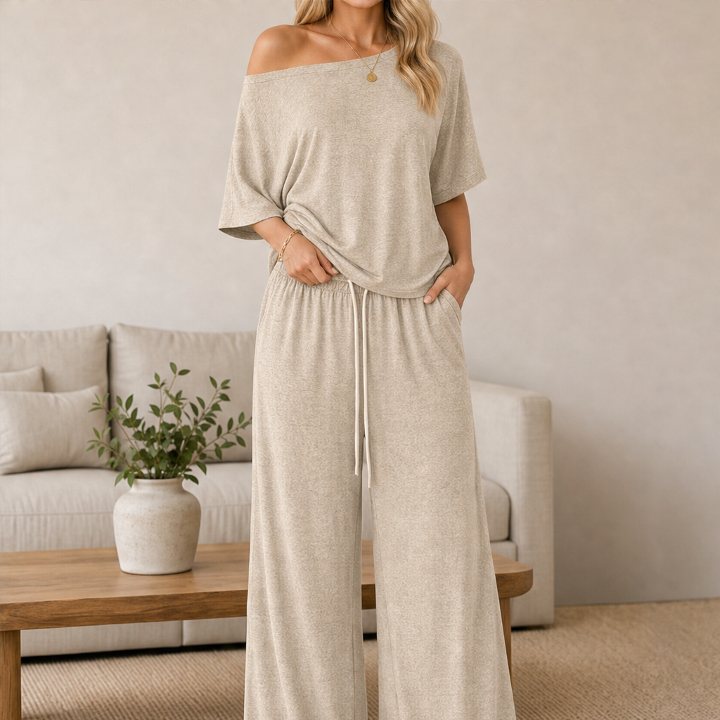 Cloudmere โ Off-Shoulder Top & Wide-Leg Pants Lounge Set + 50% OFF Oatmeal