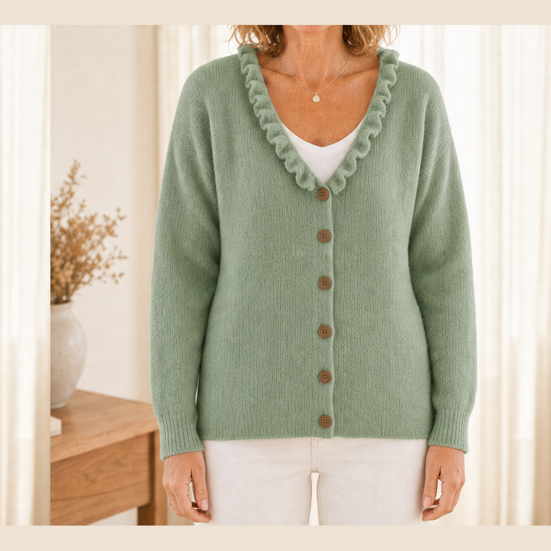 Cozelle โ Ruffle Collar Soft Knit Button-Down Cardigan + 50% OFF Sage