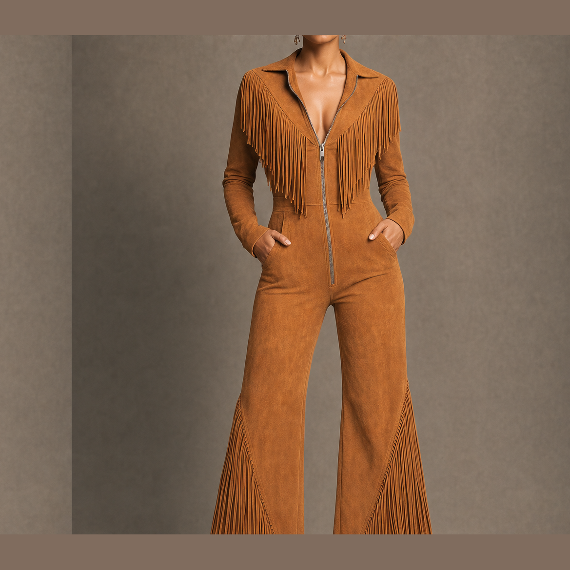 Sagebrush โ Western Fringe Faux Suede Zip-Up Jumpsuit + 50% OFF Cognac