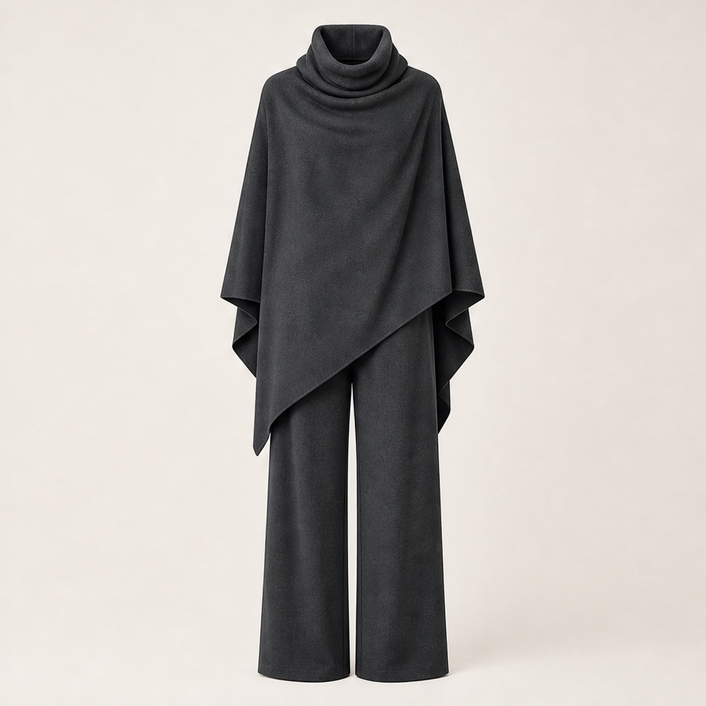 Draperie โ Draped Turtleneck Cape & Wide-Leg Pants Set + 50% OFF Grey