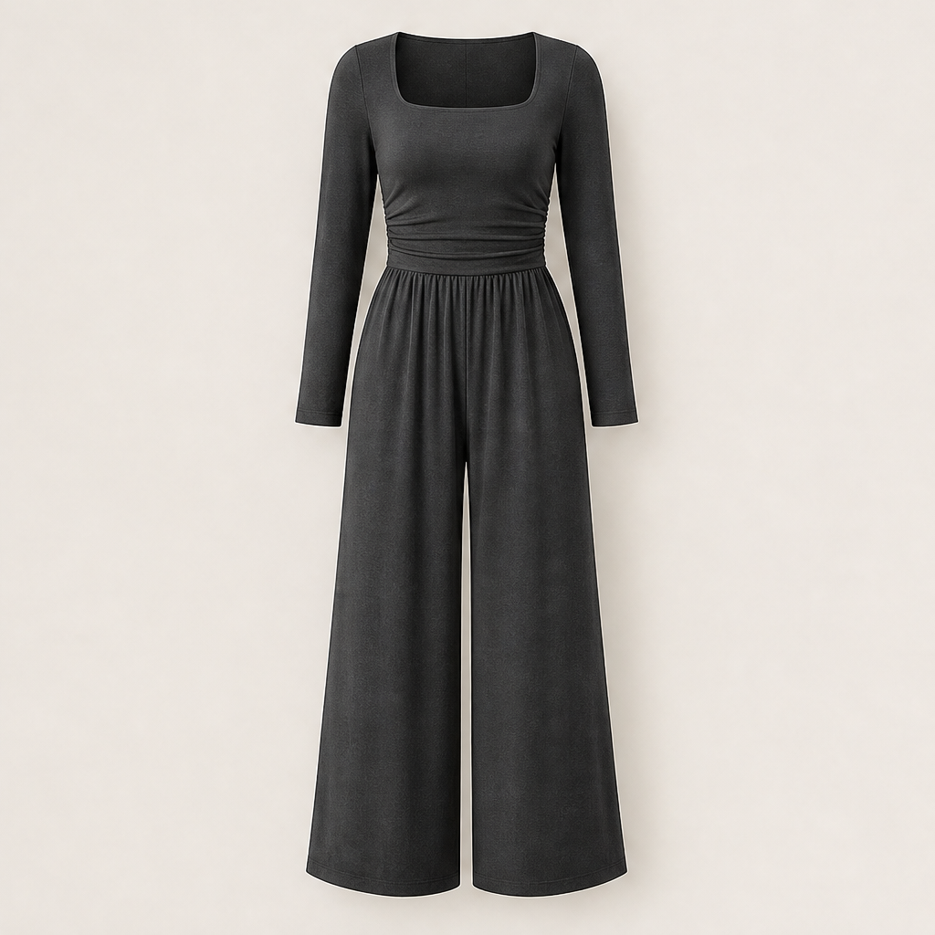 Verawide โ Square-Neck Ruched-Waist Wide-Leg Jumpsuit + 50% OFF Grey