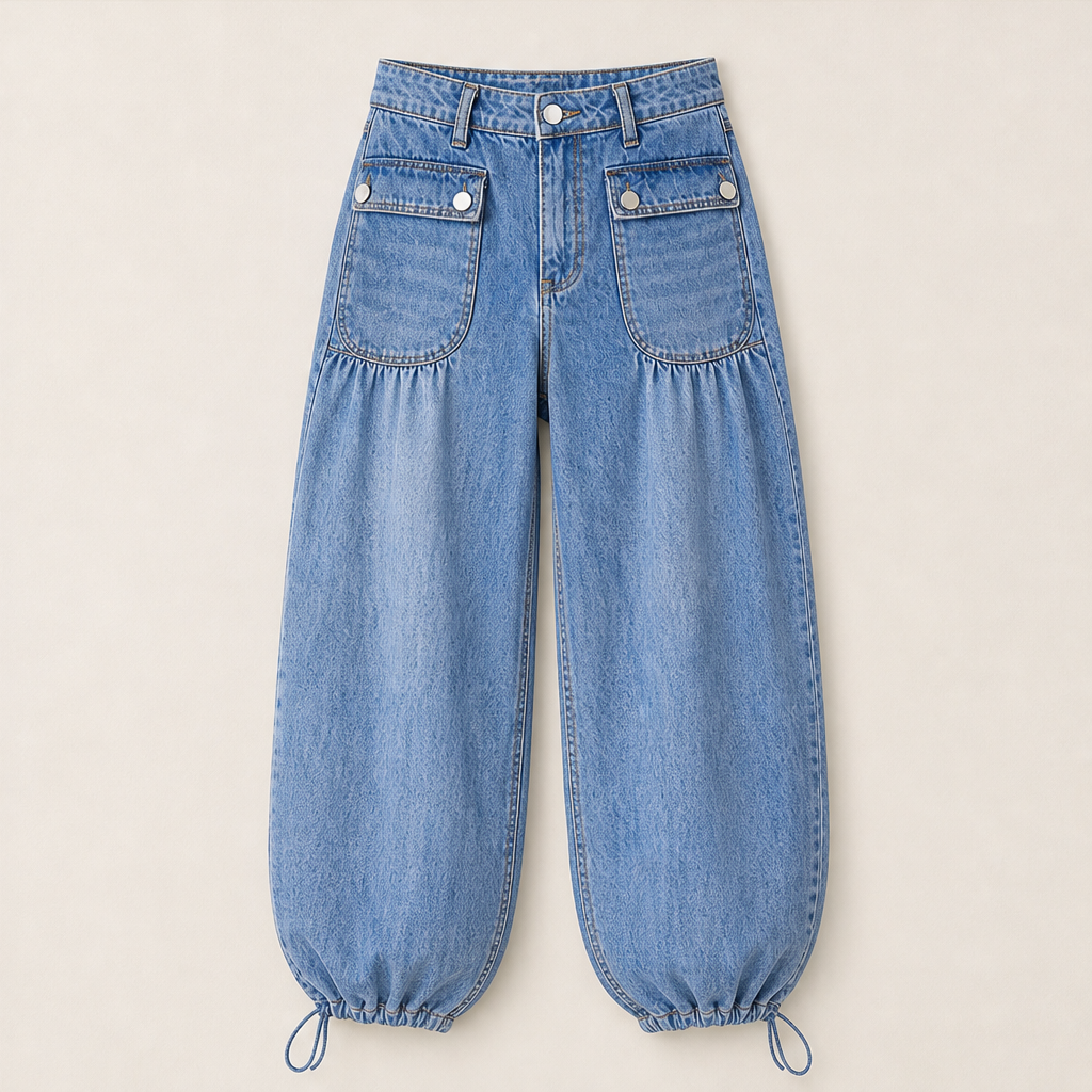 Millrow โ Adjustable-Cuff High-Waist Balloon Jeans + 50% OFF Blue