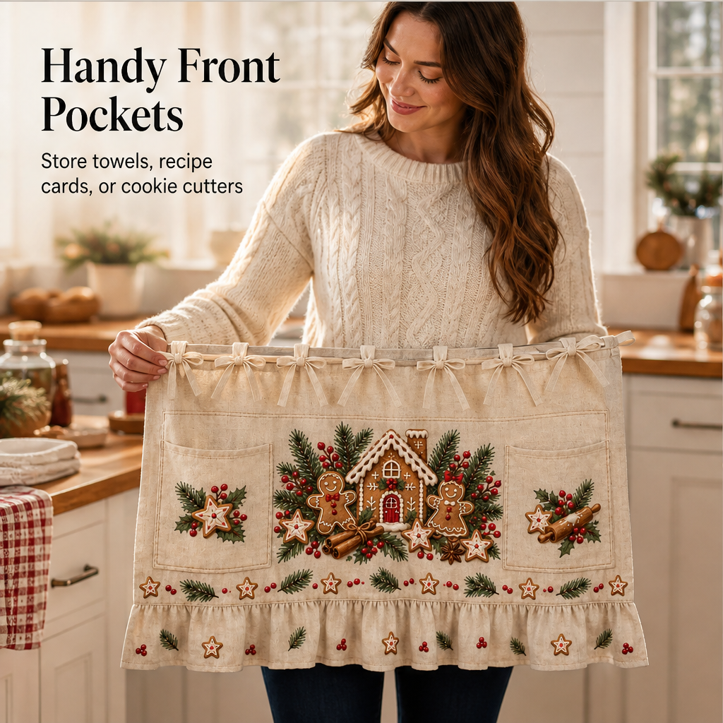 Gingerhearth โ Tie-On Gingerbread Kitchen Skirt with Pockets & Ruffle + 50% OFF features