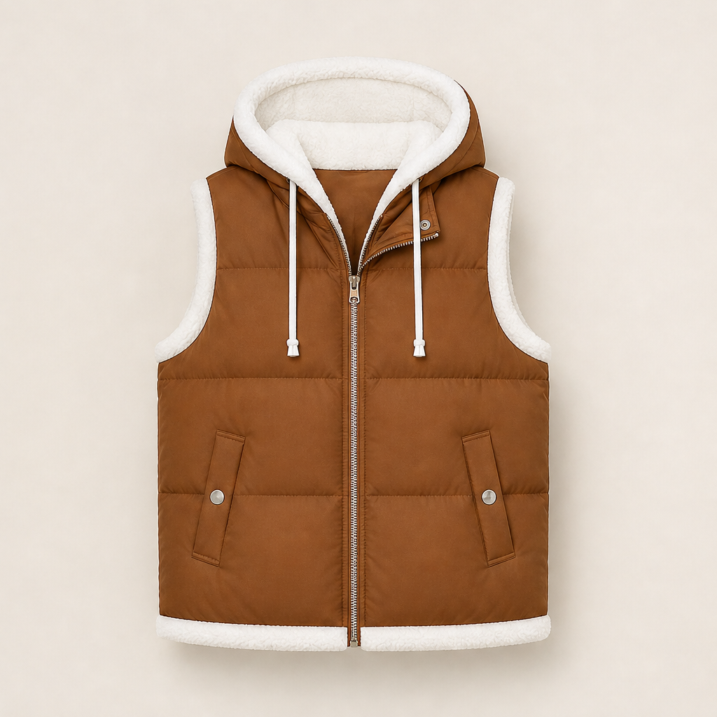 Foldwick โ Faux Two-Piece Sherpa Hood Puffer Vest + 50% OFF Camel