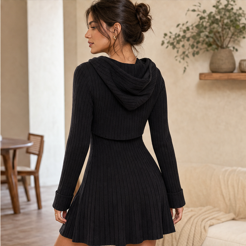 Ribaline โ Ribbed Knit Two-Piece Hoodie Dress Set + 50% OFF features