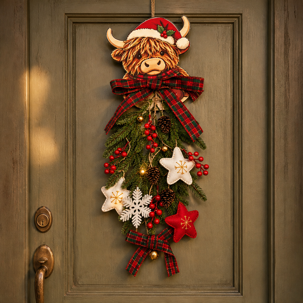 Mossbyre โ Highland Cow Warm LED Christmas Door Swag + 50% OFF lifestyle