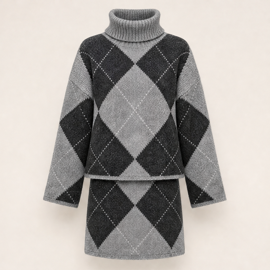Thornmere โ Cosy Argyle Knit Sweater & Skirt Set + 50% OFF Grey