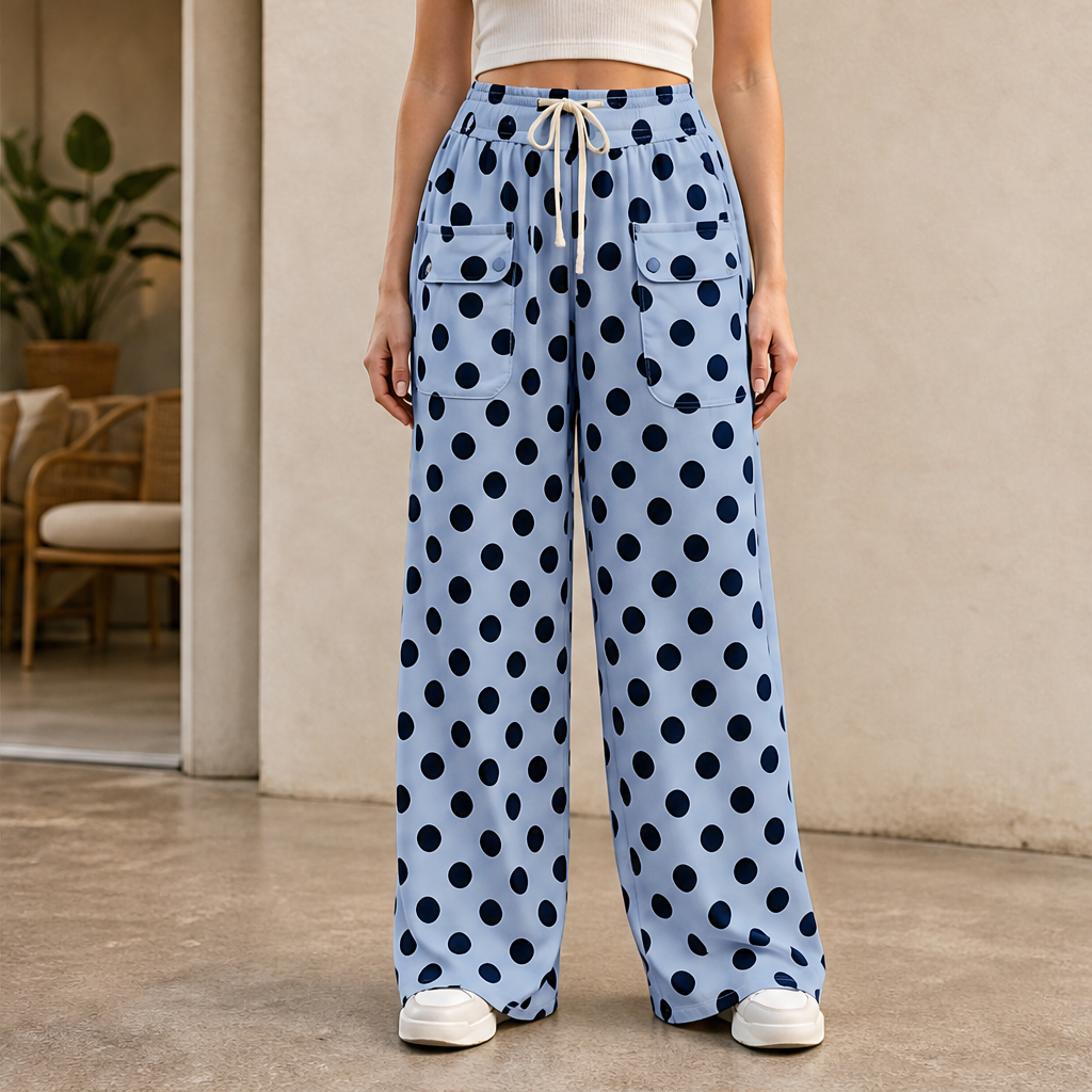 Dottelle โ Drawstring High Waist Polka Dot Wide Leg Pants + 50% OFF Blue