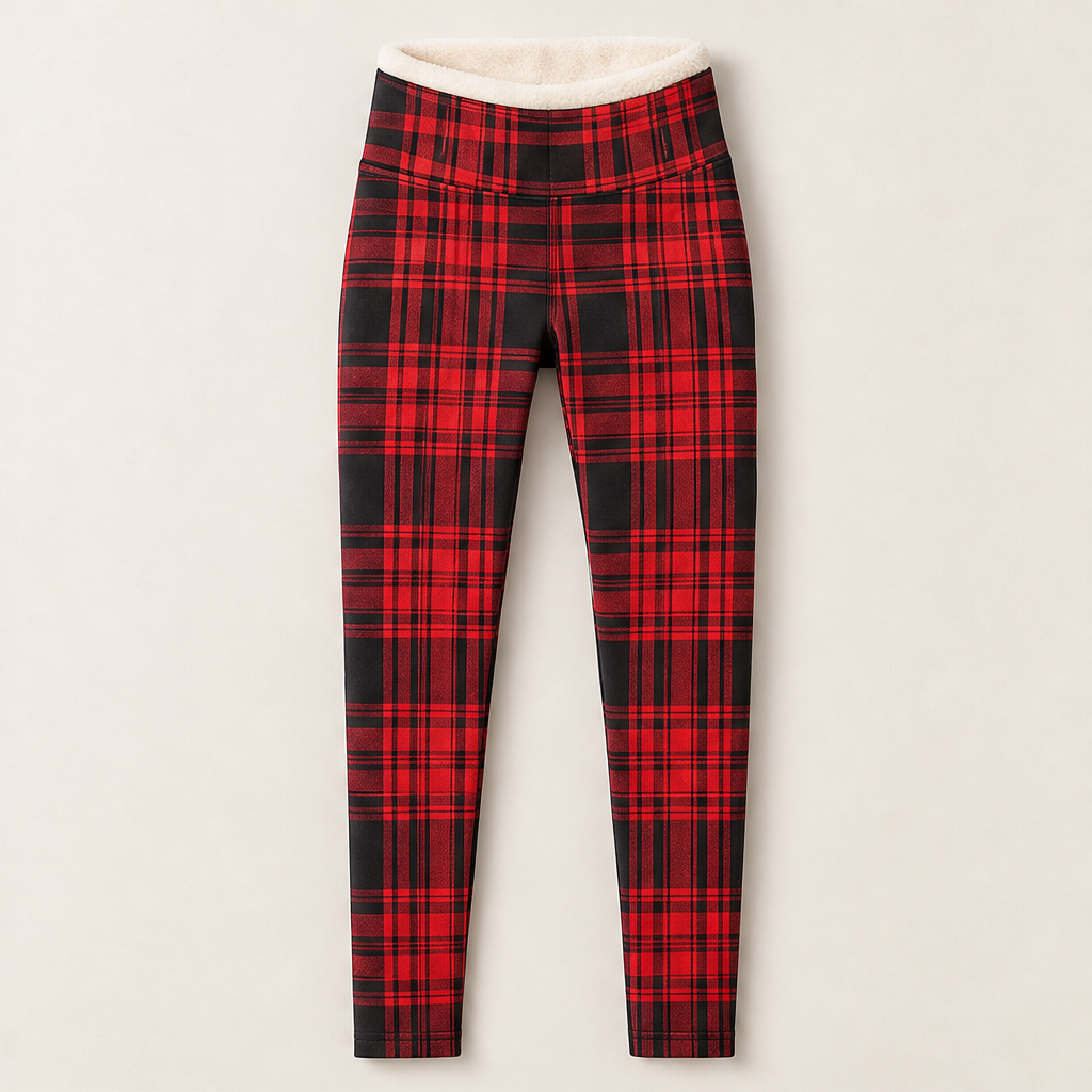Hearthloom โ Fleece-Lined Plaid Leggings with Slimming High Waist + 50% OFF Red