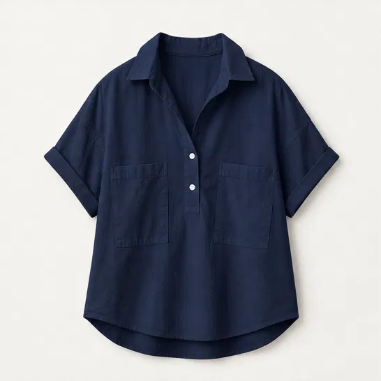 Blancelle โ Stand Collar Button-Back Relaxed White Blouse + 50% OFF