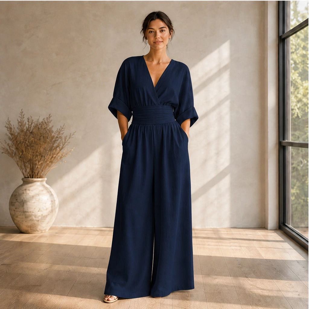 Verelle โ Cinched-Waist Wide Leg V-Neck Jumpsuit + 50% OFF