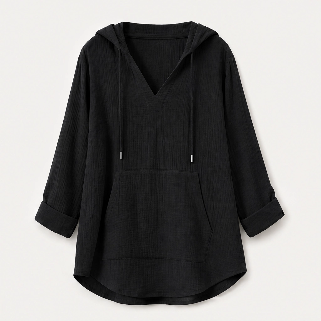 Willowlane โ Soft Cotton-Linen Hooded V-Neck Top with Pocket + 50% OFF