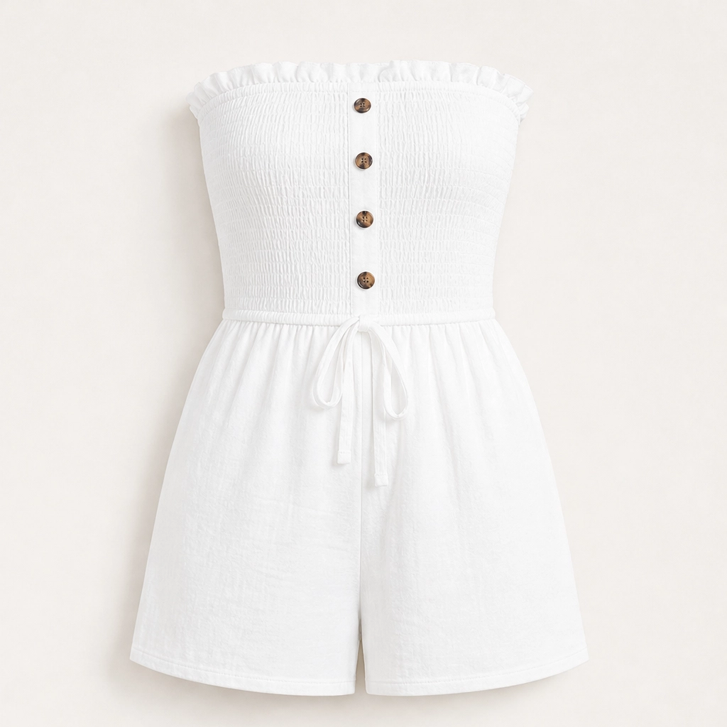 Solene โ Strapless Shirred Ruffle Wide-Leg Romper + 50% OFF