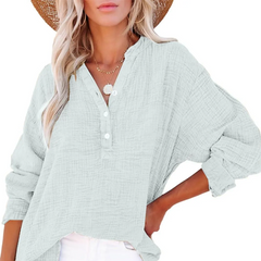 Breezia Luxe Women’s Casual Gauze Button Neck Long Sleeve Blouse - Lightweight Everyday Comfort - 70% OFF