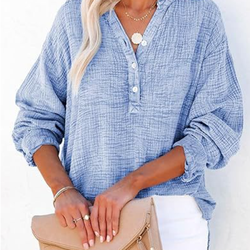 Breezia Luxe Women’s Casual Gauze Button Neck Long Sleeve Blouse - Lightweight Everyday Comfort - 70% OFF
