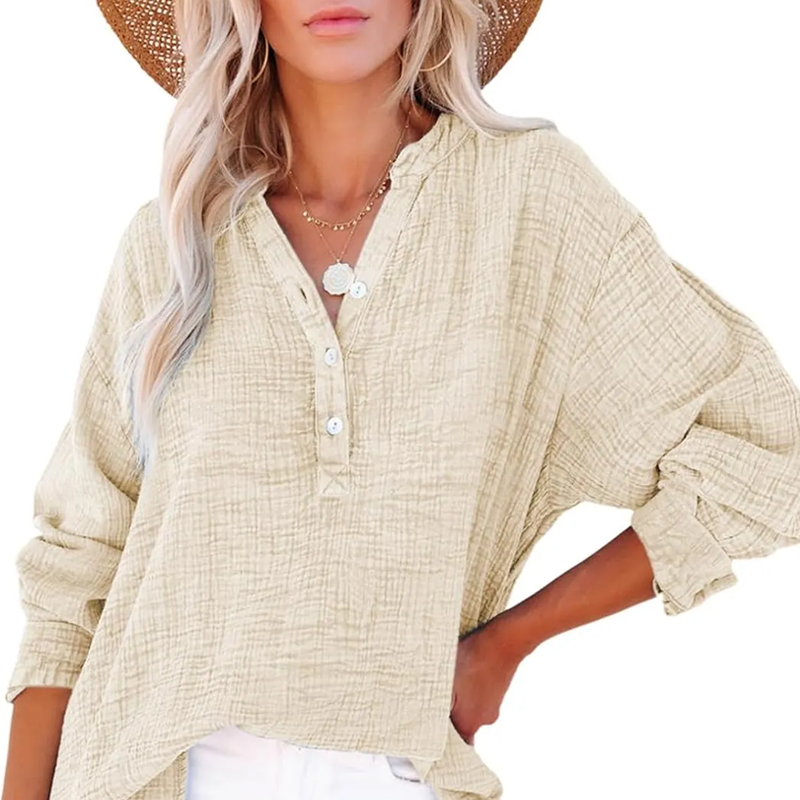 Breezia Luxe Women’s Casual Gauze Button Neck Long Sleeve Blouse - Lightweight Everyday Comfort - 70% OFF