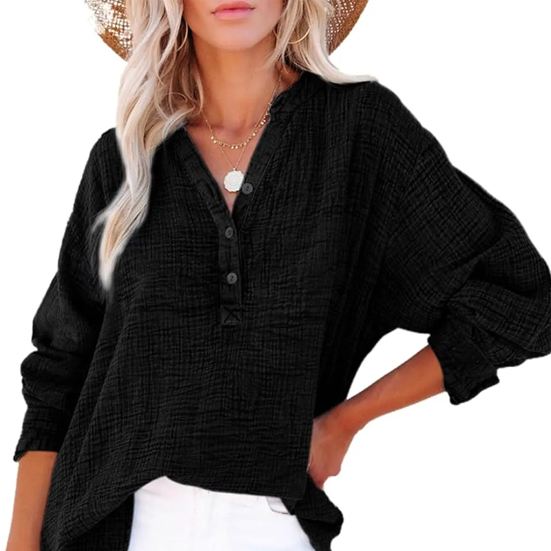 Breezia Luxe Women’s Casual Gauze Button Neck Long Sleeve Blouse - Lightweight Everyday Comfort - 70% OFF