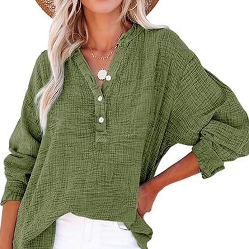 Breezia Luxe Women’s Casual Gauze Button Neck Long Sleeve Blouse - Lightweight Everyday Comfort - 70% OFF