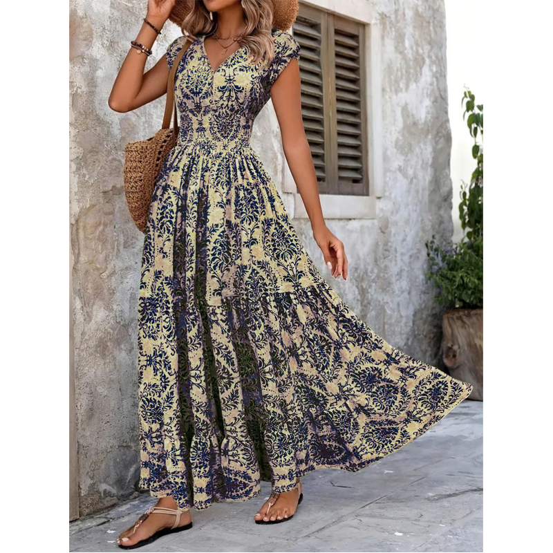 Verdelleโข โ Smocked-Waist V-Neck Floral Maxi Dress + 50% OFF