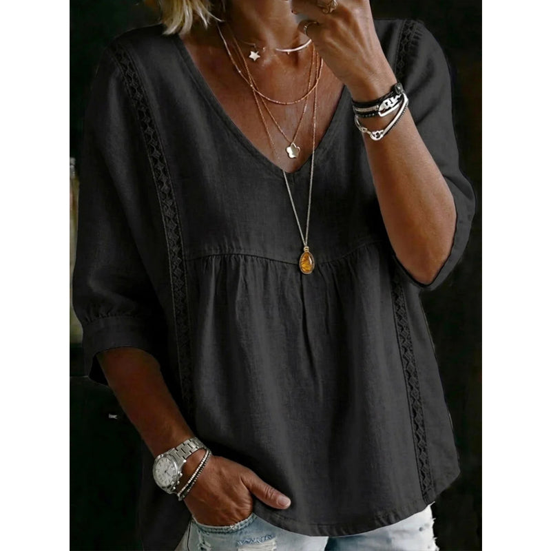 ๐ LIMITED-TIME 50% OFF! โจ Womenโs Lace-Trim V-Neck Top โ Bohemian Charm, Empire Waist, 3/4 Sleeves ๐ผ
