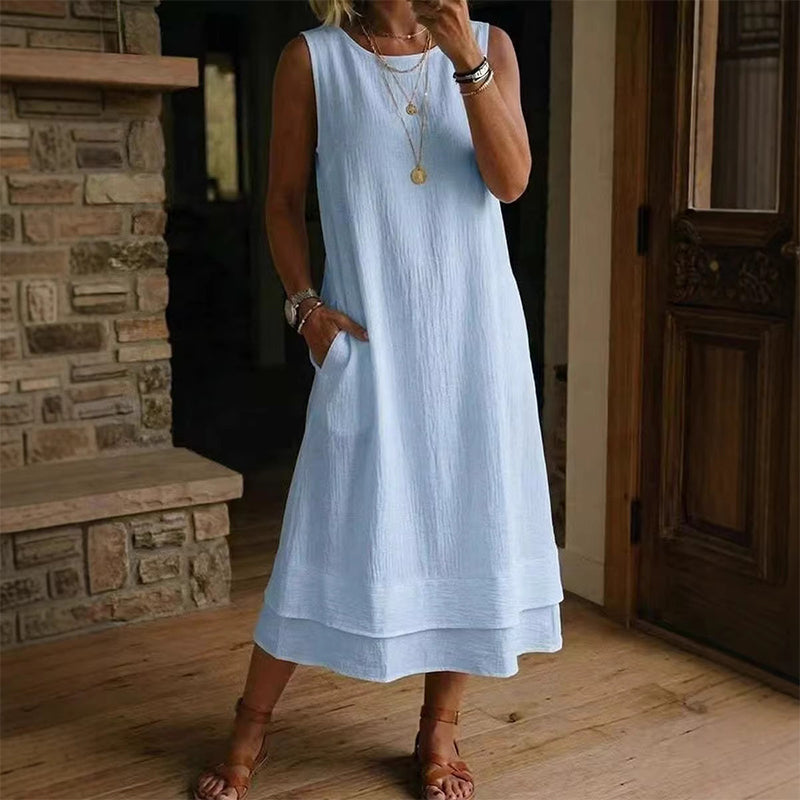 Solenne โ Double-Layer Sleeveless Midi Dress with Pockets + 50% OFF